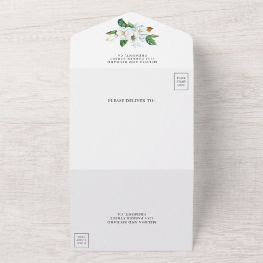 Rustic White Magnolia Floral Wedding All In One Uitnodiging (Buitenkant)