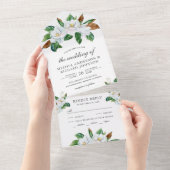 Rustic White Magnolia Floral Wedding All In One Uitnodiging (Afscheurbaar)