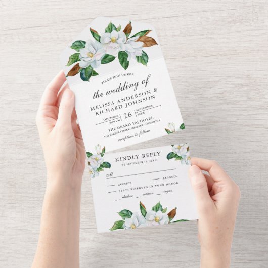 Rustic White Magnolia Floral Wedding All In One Uitnodiging (Afscheurbaar)