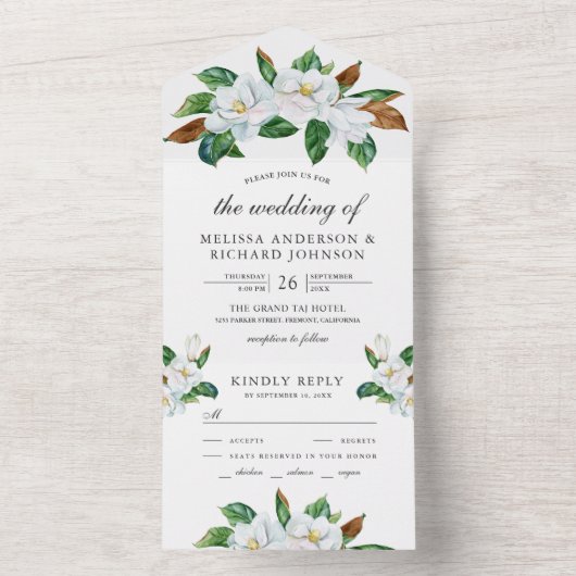 Rustic White Magnolia Floral Wedding All In One Uitnodiging (Binnen)