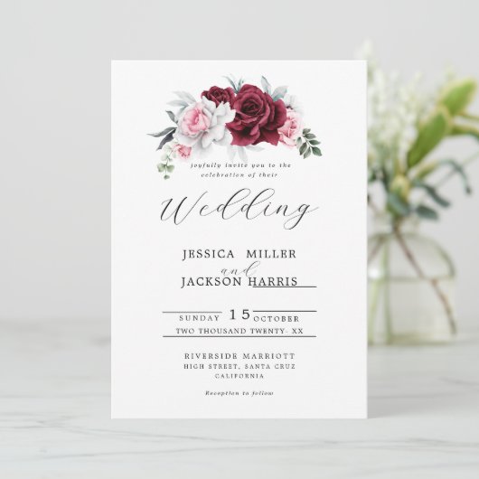 Rustic White Maroon Rose Floral Wedding Kaart (Staand voorkant)