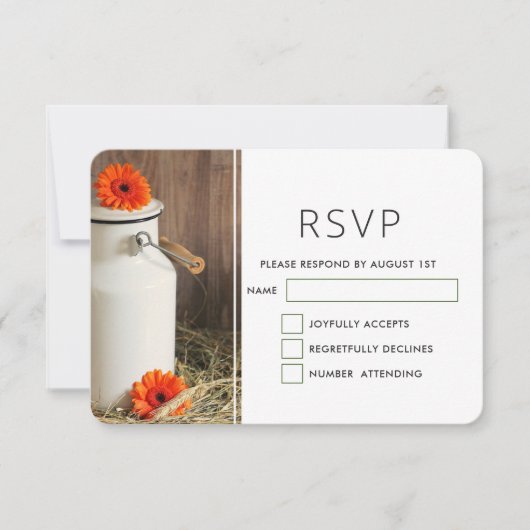 Rustic White Milk Jug met Flowers Wedding RSVP Kaartje (Voorkant)
