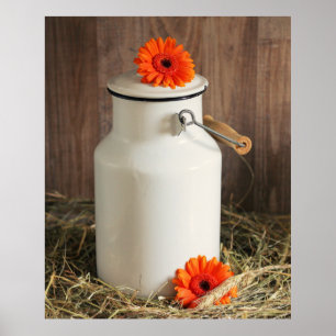 Rustic White Milk Jug met Oranje bloemen Foto Poster