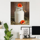 Rustic White Milk Jug met Oranje bloemen Foto Poster (Thuiskantoor)