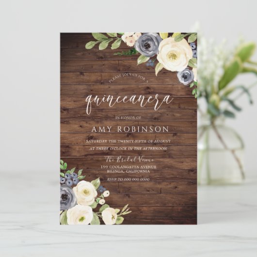 Rustic White & Navy Flowers Quinceanera Party Kaart (Staand voorkant)