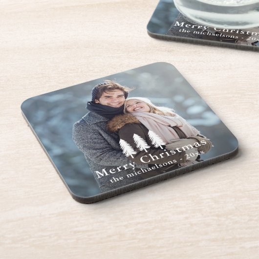 Rustic White Pine Trees Kerstfeestdag Foto Bier Onderzetter (Linkerzijde)