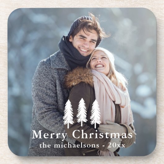 Rustic White Pine Trees Kerstfeestdag Foto Bier Onderzetter (Voorkant)