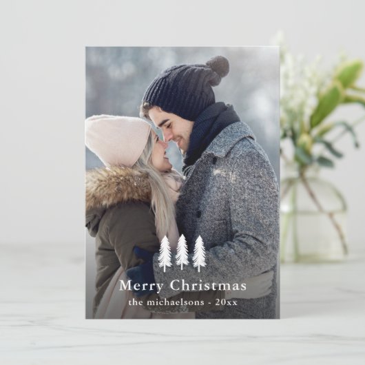 Rustic White Pine Trees Kerstfeestdag Foto Feestdagenkaart (Staand voorkant)