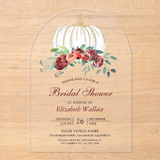 Rustic White Pumpkin Burgundy Floral Bridal Shower Acryl Uitnodigingen (Voorkant)