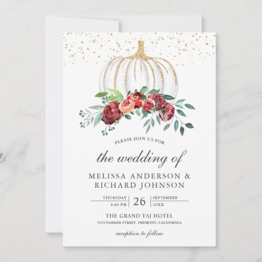 Rustic White Pumpkin Burgundy Floral Fall Wedding Kaart (Voorkant)