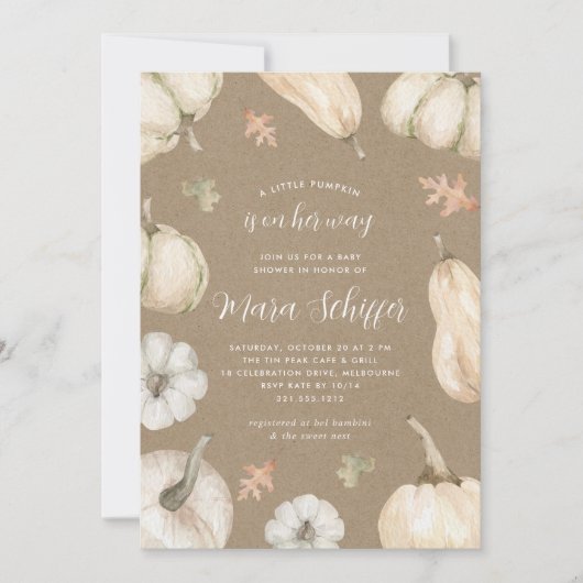 Rustic White Pumpkin Kraft Herfst Baby shower Kaart (Voorkant)