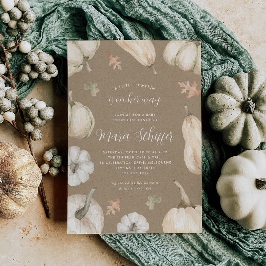 Rustic White Pumpkin Kraft Herfst Baby shower Kaart