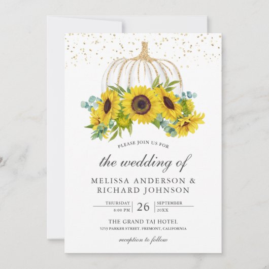 Rustic White Pumpkin Sunflower Fall Wedding Kaart (Voorkant)