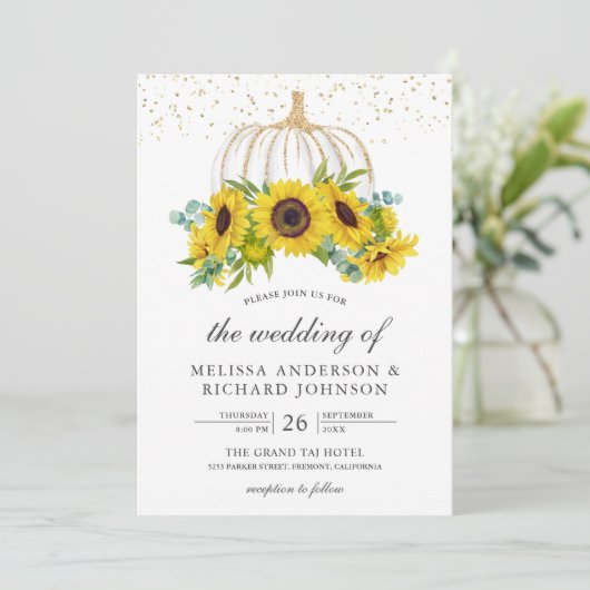 Rustic White Pumpkin Sunflower Fall Wedding Kaart (Staand voorkant)