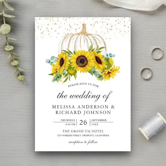 Rustic White Pumpkin Sunflower Fall Wedding Kaart