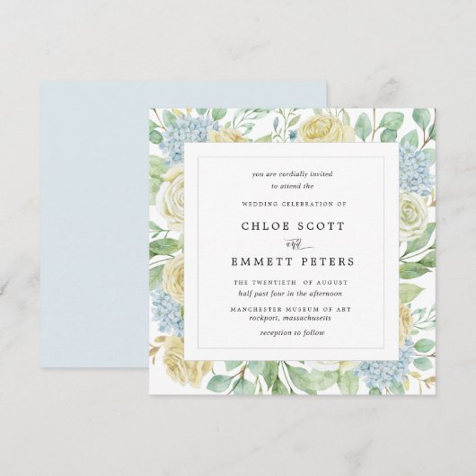 Rustic White Rose Blue Hydrangea Square Wedding Kaart (Voorkant / Achterkant)