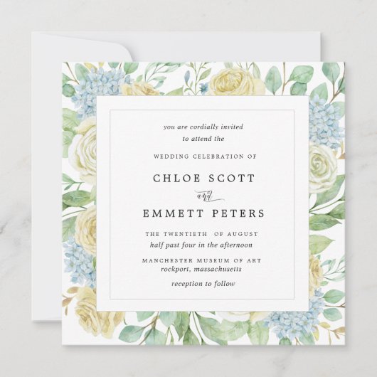 Rustic White Rose Blue Hydrangea Square Wedding Kaart (Voorkant)