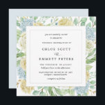 Rustic White Rose Blue Hydrangea Square Wedding Kaart<br><div class="desc">Witte rozen en blauwe brandkranen zijn een klassieke trouwcombinatie. In dit ontwerp creëer zij een vierkant lijst om uw trouwdetails te omringen.Deze uitnodiging maakt deel uit van het Roos en het collectie Hydrangea. Het bevat vele DIY sjablonen die kunnen worden gebruikt om een mooie trouwkantoorbenodigdheden te maken.U zou een verbinding...</div>