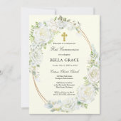 Rustic White Rose Floral First Heilige Communie Kaart (Voorkant)