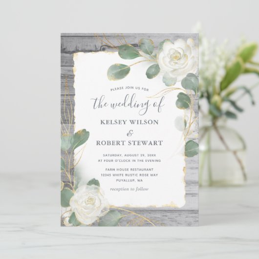 Rustic White Rose Gold Floral Greenery Wedding Kaart (Staand voorkant)