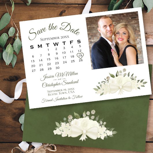 Rustic White Roses Boho Calendar & Photo Wedding Save The Date