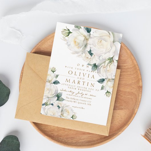 Rustic White Roses Wedding Kaart