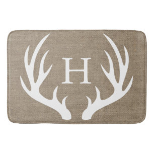 Rustic White Silhouetted Deer Antlers Faux Burlap Badmat