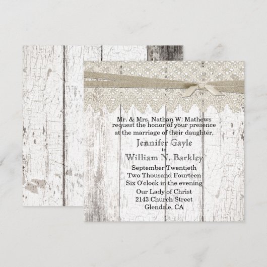 Rustic White Washed Wood and Lace Wedding Kaart (Voorkant / Achterkant)