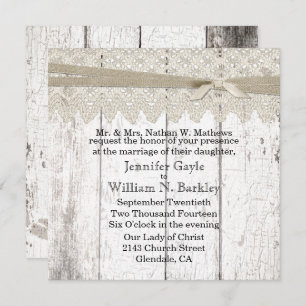 Rustic White Washed Wood and Lace Wedding Kaart