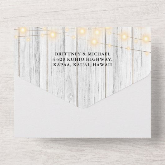 Rustic White Wood Antler String Lights Wedding All In One Uitnodiging (Achterkant)