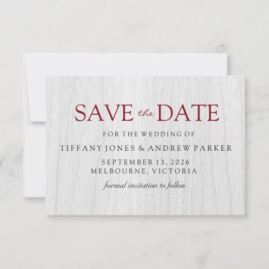 Rustic White Wood Burgundy Wedding Save the date (Voorkant)