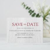 Rustic White Wood Burgundy Wedding Save the date (Staand voorkant)