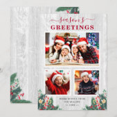 Rustic White Wood Floral Seasons Greetings 3 Foto Feestdagenkaart (Voorkant / Achterkant)