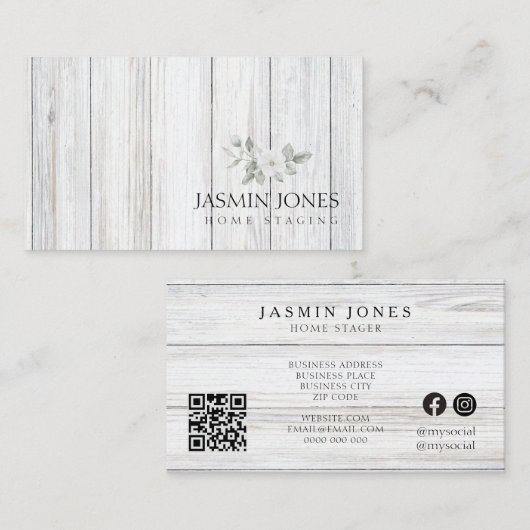 Rustic White Wood Greenery Home Staging Visitekaartje (Voorkant / Achterkant)