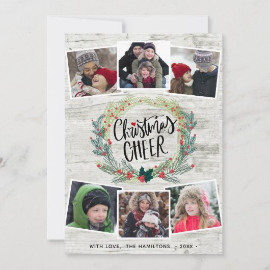 Rustic White Wood Photo Collage Floral Wreate Feestdagenkaart (Voorkant)