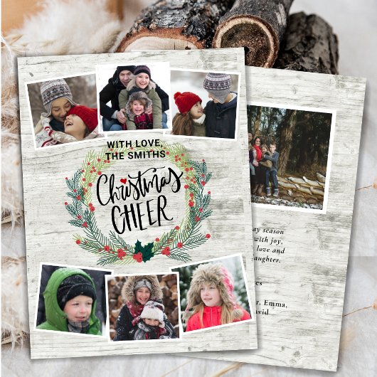 Rustic White Wood Photo Collage Floral Wreate Feestdagenkaart