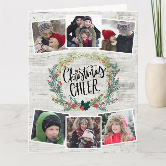 Rustic White Wood Photo Collage Floral Wreate Kaart (Voorkant)