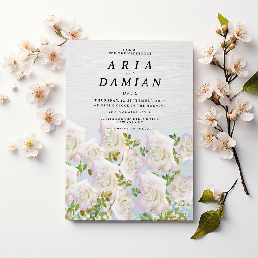 Rustic white wood pink mint roses Wedding Kaart