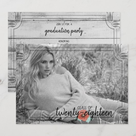 Rustic White Wood Poppy Afstuderen Kaart (Voorkant / Achterkant)