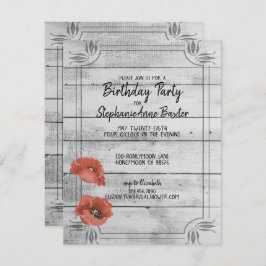 Rustic White Wood Poppy Flowers Birthday Invitatio Kaart