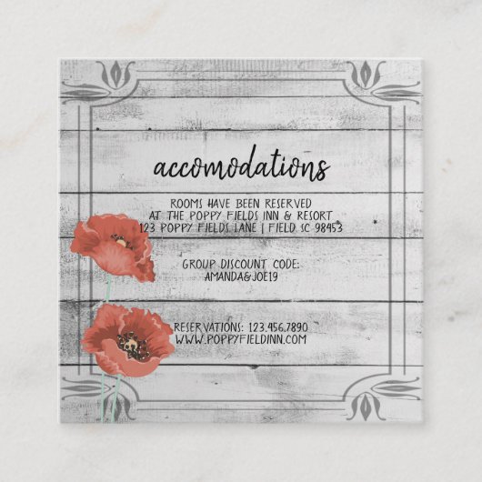 Rustic White Wood Poppy Flowers Wedding Hotel Informatiekaartje (Voorkant)