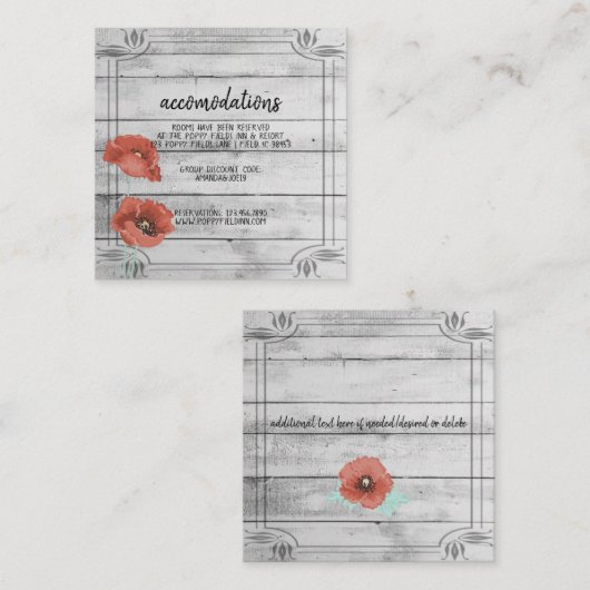 Rustic White Wood Poppy Flowers Wedding Hotel Informatiekaartje (Voorkant / Achterkant)