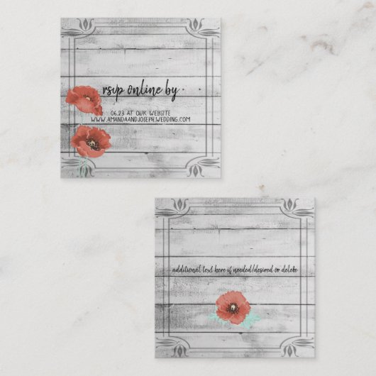 Rustic White Wood Poppy Flowers Wedding RSVP Card Informatiekaartje (Voorkant / Achterkant)