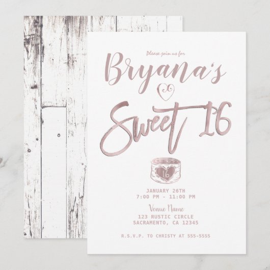 Rustic White Wood Roos Gold Pink Sweet 16 Party Kaart (Voorkant / Achterkant)