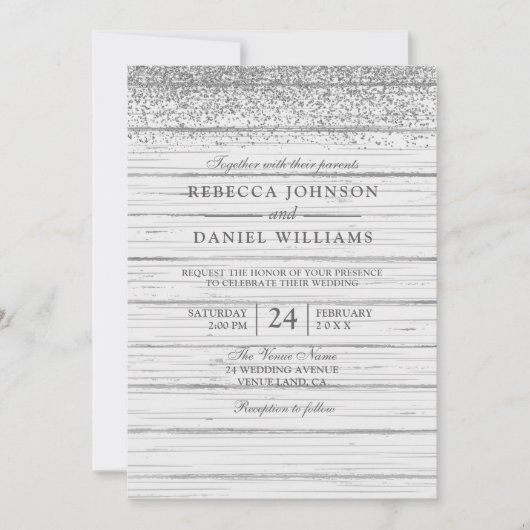 Rustic White Wood Silver Glitter Wedding Invite Kaart (Voorkant)
