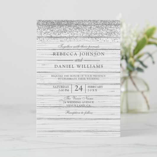 Rustic White Wood Silver Glitter Wedding Invite Kaart (Staand voorkant)