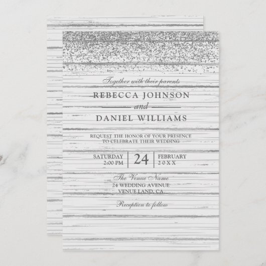 Rustic White Wood Silver Glitter Wedding Invite Kaart (Voorkant / Achterkant)