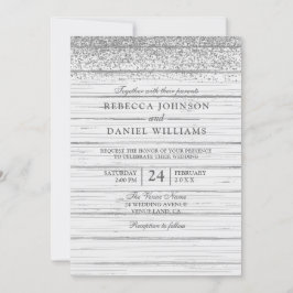 Rustic White Wood Silver Glitter Wedding Invite Kaart