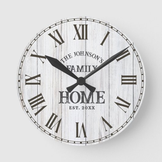 Rustic White Woodgrain Family Name Ronde Klok (Voorkant)