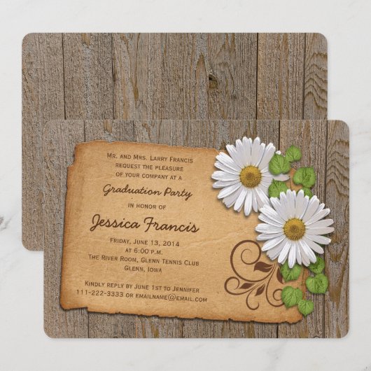 Rustic White Yellow Daisy Country Graduparty Kaart (Voorkant / Achterkant)